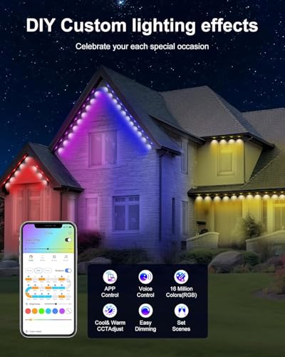 Image of Permanent Outdoor Lights - Smart Outdoor LED Lights, 100ft RGB Color Changing, 54 Scene Modes, App Control, Waterproof IP67, Alexa Compatible