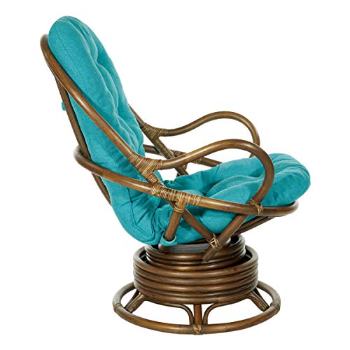 OSP Home Furnishings Kauai Swivel Rocker Chair with Brown Rattan Frame, Blue Fabric by Office Star Products - Image 2