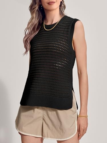 Image of SuperPrity Women's Sweater Vest Sleeveless Crochet Sheer Knit Sweater Tank Casual See Through Crewneck Sweater