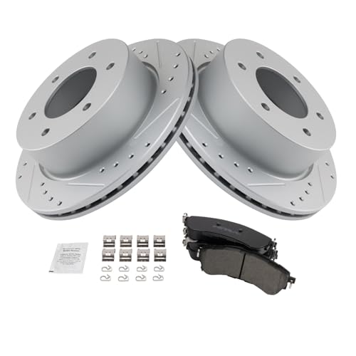 Image of TRQ Performance Rear Brake Pad and Rotor Set Ceramic Coated Drilled Slotted Rotors Compatible with 2019-2021 Ford Ranger