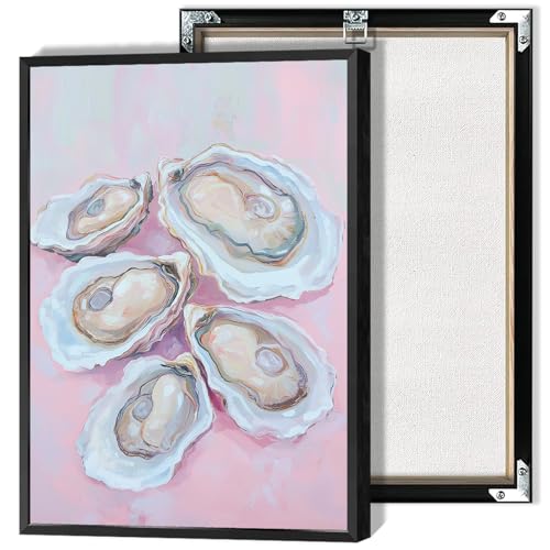Image of Pastel Blue Oyster Shell Poster Abstract Beachy Shell Canvas Wall Art Trendy Colorful Coastal Shell Picture Prints Painting For Home Living Room Kitchen Restaurant Wall Decor 16x24in Framed