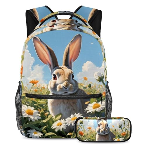 Sac à dos lapin et fleur avec trousse assortie pour l'école des filles et adolescents