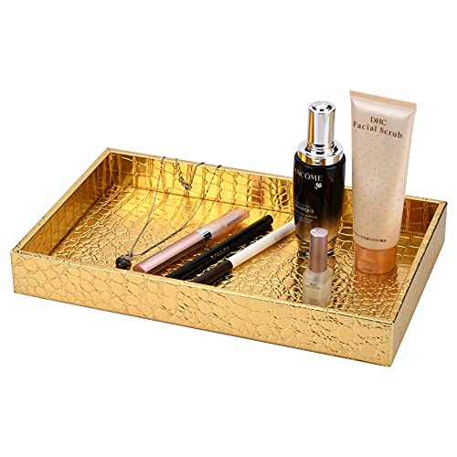 Decor Trends Faux Alligator Leather Bathroom Decorative Vanity Tray Gold Perfume Tray Toilet Tank Storage Tray for Towels, Candles, Jewelry