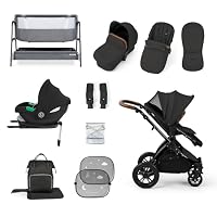 Get More for Less! Ickle Bubba Stomp Luxe 14-Piece Travel System Bundle with i-Size Cirrus Car Seat & ISOFIX Base, Bubba&Me Crib, Pushchair, Footwarmers, Rain Cover & More (Black/Charcoal Grey/Tan)