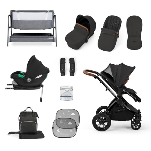 Get More for Less! Ickle Bubba Stomp Luxe 14-Piece Travel System Bundle with i-Size Cirrus Car Seat & ISOFIX Base, Bubba&Me Crib, Pushchair, Footwarmers, Rain Cover & More (Black/Charcoal Grey/Tan)