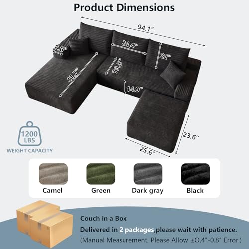 Image of 95 inch Boneless Cloud Couch Sectional Couches Sofa for Living Room | Modular U-Shaped Couch, Comfy Modern Corduroy Memory Foam Sofas with Ottoman, Oversized Chaise (Black, Left-Facing Chaise)