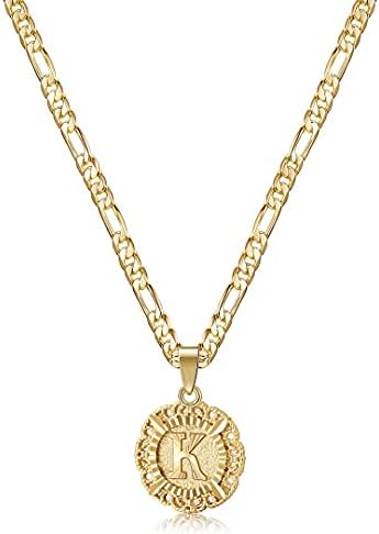 KissYan Initial Necklace For Women Girl,14K Gold Plated Round Letter Pendant Necklace Capital Monogram Necklace Alhpabets from A-Z Figaro Chain Necklace…