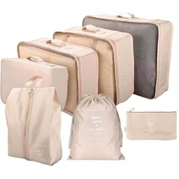 Kit Organizador de Malas para Viagem 7 Peças Conjunto Organizador Completo Bolsas Necessaire Sapatos Maquiagem Roupas Bagagem Organizada (Bege)