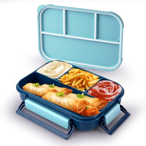 Image of ATTRO Gourmet 4 Compartment Lunch Box Portable Meal Organizer for Office, School BPA-Free, Food Grade, Freezersafe, Microwave & Oven Safe 1000ml Blue, Plastic