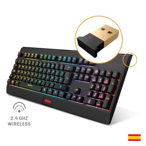 KABALA - Kit tastiera a membrana senza fili retroilluminata RGB Rainbow, 6 tasti anti ghosting, mouse ottico senza fili a 6 livelli DPI 800-4800 al volo, compatibile con PC, layout spagnolo, nero - Tastiera gaming - Immagine 1