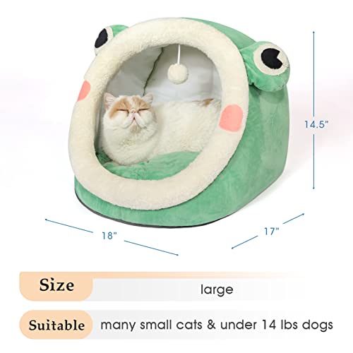 Jiupety Cute Cat Bed, Indoor Lovely Velvet Igloo for Cat and Small Dog, Warm Cave Sleeping Nest Bed for Puppy and Kitten, Green Frog, L - Image 3