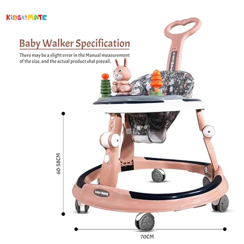 Image of Kidsmate 360 Baby Walker for Boys & Girls | 6-24 Months | 7-Level Height Adjustment | Musical RGB Lights | Dual Tray for Food & Toys | Safe, BPA-Free & Comfortable Baby Walker (Radiant Pink)