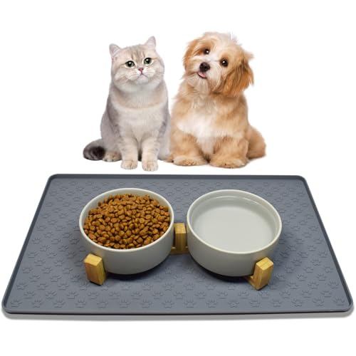 Nesirooh Comedero Perro Gato de Cerámica, Cuenco y Bebedero con Soporte de Bambú y Alfombrilla Antideslizante para Gatos y Perros Pequeños (400 ml, 2 Gris)
