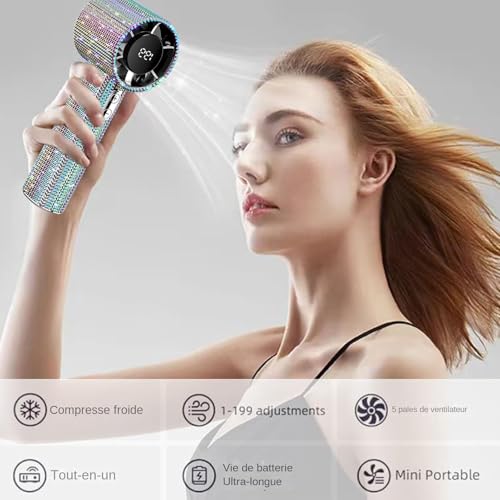 Mini ventilateur à main strass rechargeable LED pour camping - 6