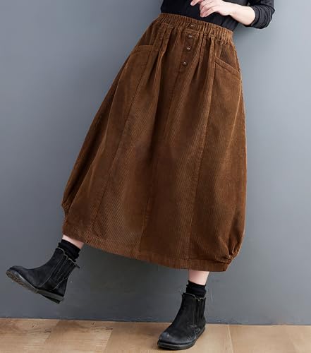 chouyatou Women's Elastic Waist Vintage Corduroy Skirt Button A-Line Swing Midi Long Skirt with Pockets4