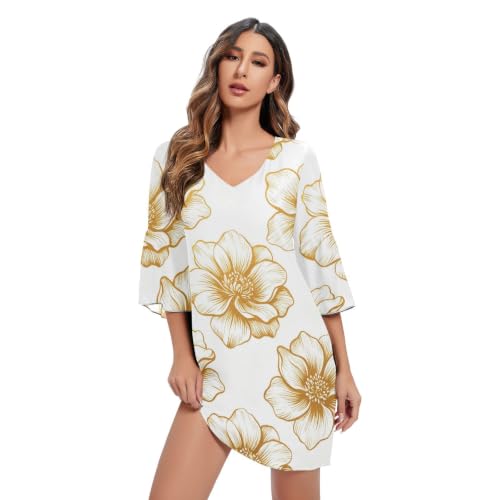 Vestido de gasa de diseño exclusivo con cuello en V y destellos dorados