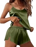 Ekouaer Silk Pajamas Set for Women Satin Lingerie Pjs Cami Top and Shorts Soft 2 Piece Nightwear Army Green Large