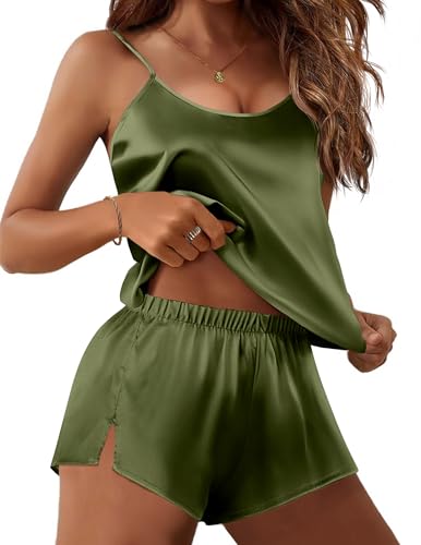 Image of Ekouaer Silky Women Pajamas Set Satin Cami Top & Shorts Lingerie Pjs | 2 Piece Silk Nightwear Soft Camisole Sleepwear for Home, Daily Wear, Wedding, Party, Date Nights