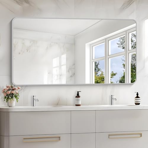 Image of 55x30 Inch Silver Bathroom Mirror, Large Rectangular Vanity Mirror, Metal Framed Rectangle Mirrors, Rounded Corner Wall Mounted Mirrors for Living Room Bedroom Entryway Horizontal or Vertical