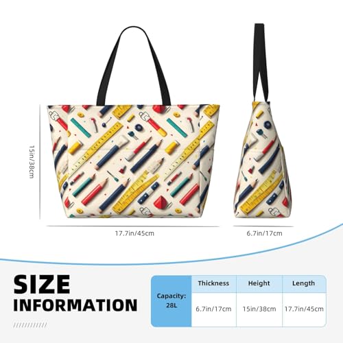 Large Beach Bags for Women Sandproof - Colored Pens Ruler Print Summer Travel Work Tote Bags with Zipper2