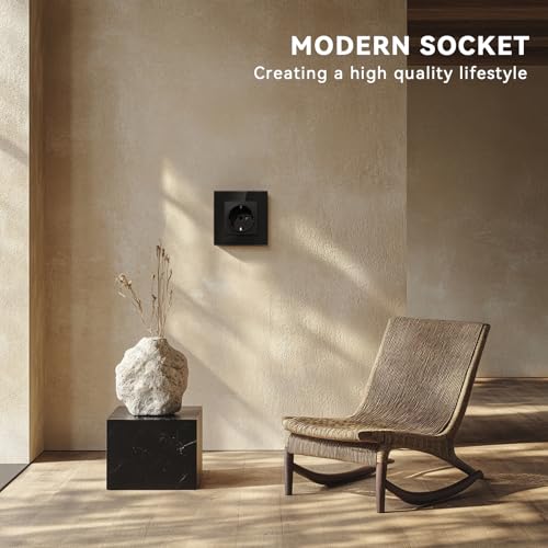 BSEED Steckdose aus Glas, EU-Standard Wandsteckdose mit Krallen, Einbausteckdose mit Kindersicherung, Einfach Montage, Neu E-Serie, 16A 250V,1 Fach-2 Pack,86mm Schwarz