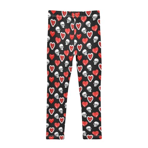 Red Hearts Skull Girls Leggings Soft Comfortable Athletic Leggings Dancing Pants for 4-10 Years2