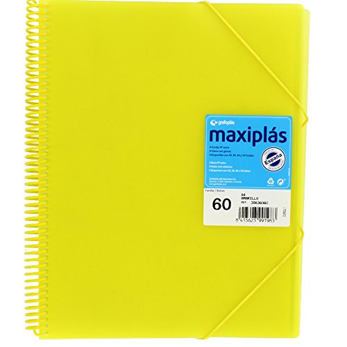 Grafoplas | Carpetas de Fundas Plastico a4 | 60 Fundas Transparentes | Tapas Rígidas Amarilla | Espiral | Apertura 360 | Incluye Sobre | Archiva Material Escolar y de Oficina | Maxiplás Traslúcidos