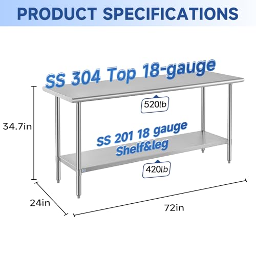 Image of ROCKPOINT SS304 Top All Stainless Steel Table for Prep & Work 24x72 Inches, NSF Commercial Kitchen Heavy Duty Table with Adjustable Undershelf for Restaurant,Kitchen, Home and Hotel
