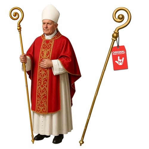 Morph Adult Gold Saint Nicholas Shepherd Staff Lightweight Adjustable Cane, Priest Pope Bishop, Wizard, Pharaoh & Holiday Events - Halloween Props & Cosplay Costumes - Gold, One Size