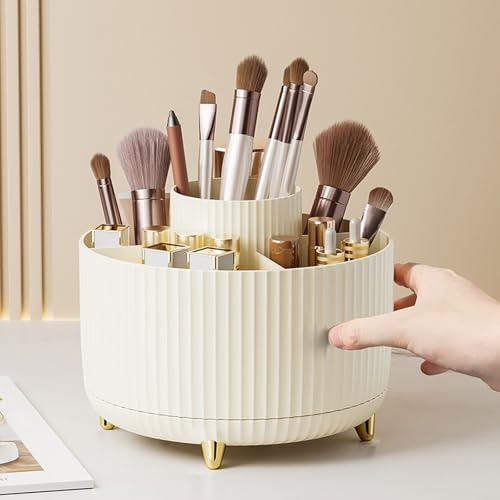 360 Degree Rotating Makeup Brush Holder Organizer Detachable Design 5 Slot Make up Brushes Cup for Cosmetics and Pencil Pen Organizer for Desk Makeup Organizer Skincare Storage for Vanity（Cream）