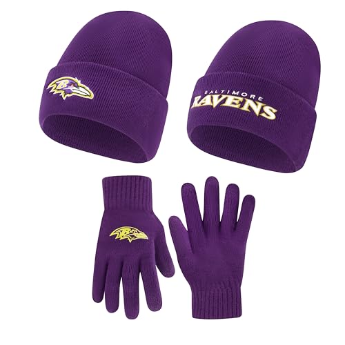 Ultra Game Adults NFL Official Super Soft Winter Beanie Knit Hat with Extra Warm Touch Screen Gloves, Baltimore Ravens, Team Color, One Size