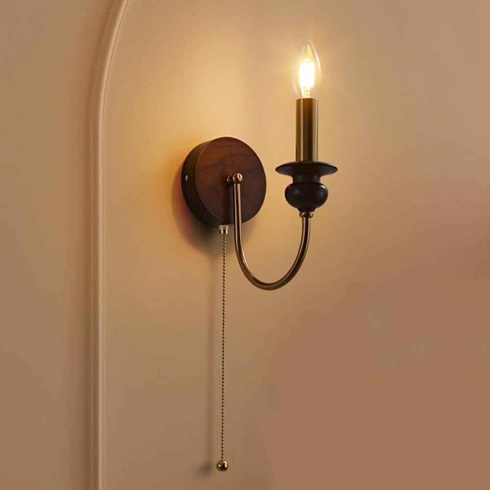 Hallway Farmhouse Candle Wall Light Fixture Mid Century Wall Sconce with Pull Chain Switch French Country Wood Wall Mounted Antique Rustic Wall Lamp for Living Room Bathroom Staircase Kitchen