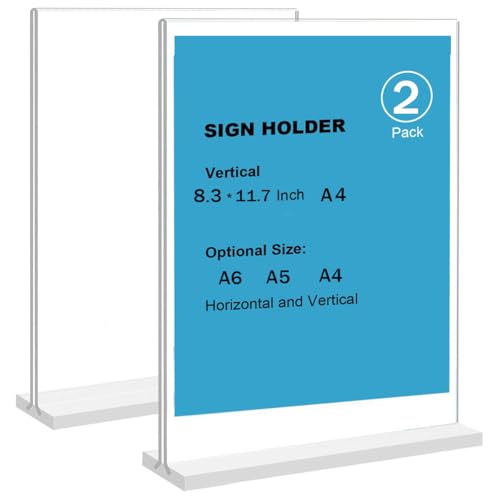 2 Pack Acrylic Sign Holder 8.3 x 11.7 Inches, Clear Menu Stand, Vertical Flyer Display, Table Paper Holder, Desk Brochure, Plastic Sign Display for Restaurants, Office, Store (A4)