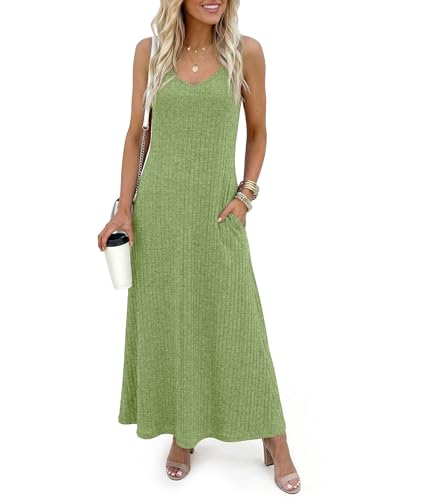 LILBETTER Women's Boho Maxi Dress Adjustable Strap V Neck Summer Sundress with Pockets(Green Small)