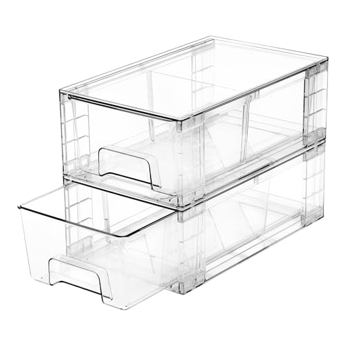 2 Pack Stackable Storage Drawers, 12 Inch Plastic Organizers Bins, Drawers Storage with Handles and Movable Dividers for Organization and Storage in Dressers, Pantry, Kitchen Cabinets, Under Sink