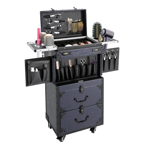 Lemoeyes Rolling Makeup Train Case, Lockable Beauty Salon Luggage Hairdressing Trolley Multifunction Cosmetic Luggage Travel Trunk Tool Case with Hair Dryer Holder, Dark Blue