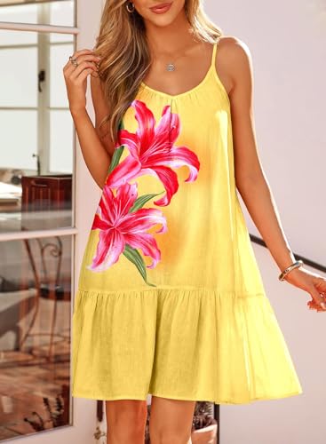 Image of Dokotoo Summer Dresses for Women 2026 Spaghetti Strap Sexy Deep V Neck Smocked Ruffle Flowy Boho Dresses