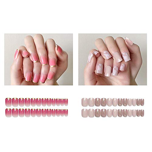 French Nails Press-on Fake Nails - 48Pcs with Glue Full Cover Square Medium Length False Nails for Women, Trendy Color Combo for Wedding, Party and Dating (French Nails)