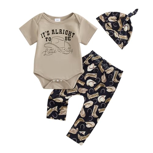 Image of Baby Boy Western Clothes Cowboy Letter Short Sleeve Romper Cowboy Boots Hat Pattern Pant Newborn 3Pcs Country Outfit