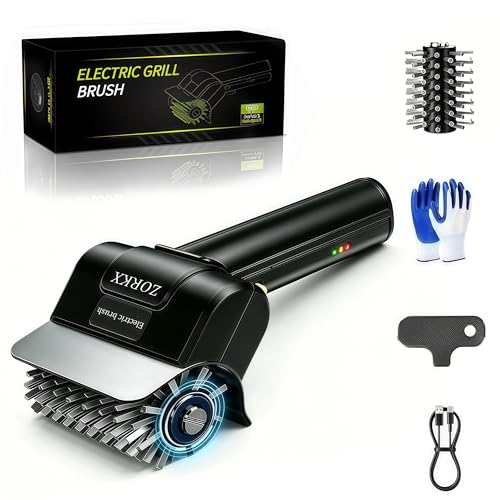 Zorkx Grillmaster Pro Cordless Automatic BBQ Cleaner with 2 Rotating Brush Heads Type-C Charging Cable Powered Grill Cleaning Kit with Gloves and Wrench Tool