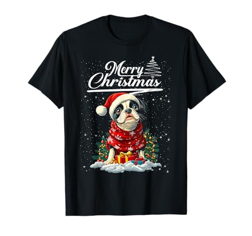 Merry Christmas Boston Terrier Santa Hat Dog Lovers Xmas Maglietta