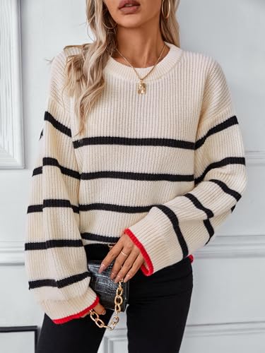Image of Sweaters for Women 2025 Crewneck Striped Cute Color Block Fall Winter Knitted Pullover Tops