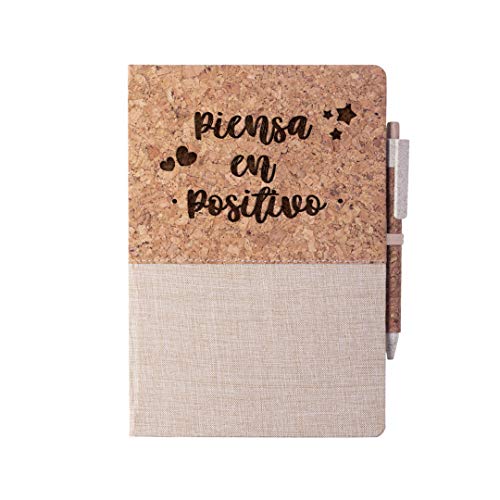 Caderno frases motivadoras positivas'Pense em positivo' com publicação - Caderno bonito de cortiça natural e algodão orgânico A5