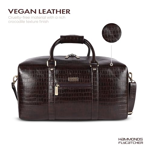 Image of Hammonds Flycatcher PU Leather Duffle Bag for Men and Women Premium Textured Travel Bag Large Weekender Overnight Gym Bag with Adjustable Shoulder Strap Brown