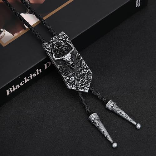 Image of Joxevyia Bolo Tie for Men Vintage Cow Skull Leather Rope Western Cowboy Necktie Vintage Bola Tie Gift for Him