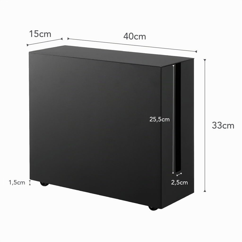 Yamazaki 5404 TOWER Scatola per cavi con rotelle, nero, acciaio, design minimalista, 15 x 40 x 34,5 cm (LxPxA)