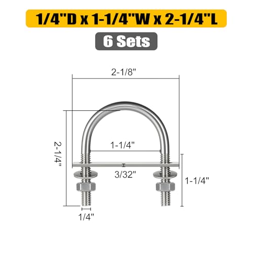Image of 6 Sets Round U Bolts, u-Bolts 1-1 /4 Inch Wide, 304 Stainless Steel U Bolt,with Nuts,Bolt Plate and Washers for Boat Trailer Tube(1 /4 inch D x 1-1 /4 inchW x 2-1 /4 inchL)