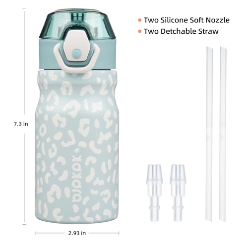 Image of BJPKPK 14 oz Insulated Water Bottle, Straw, Handle, Stainless Steel Flask | Leak Proof Locking Lid, Double Wall Vacuum, Keeps Hot /Cold, BPA Free, Travel & Sports, Light Blue Leopard