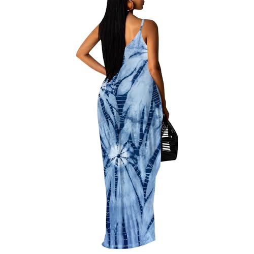 Image of Women's Summer Maxi Dress Spaghetti Strap Floral Boho Beach Long Sundress with Pockets