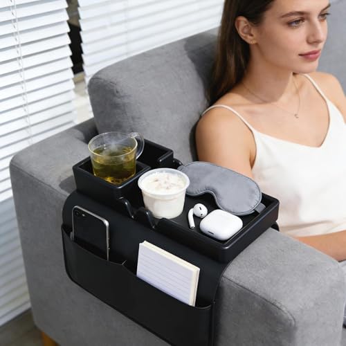 Bandeja de sofá para brazo de sillón con soporte para teléfono y vasos largos 3